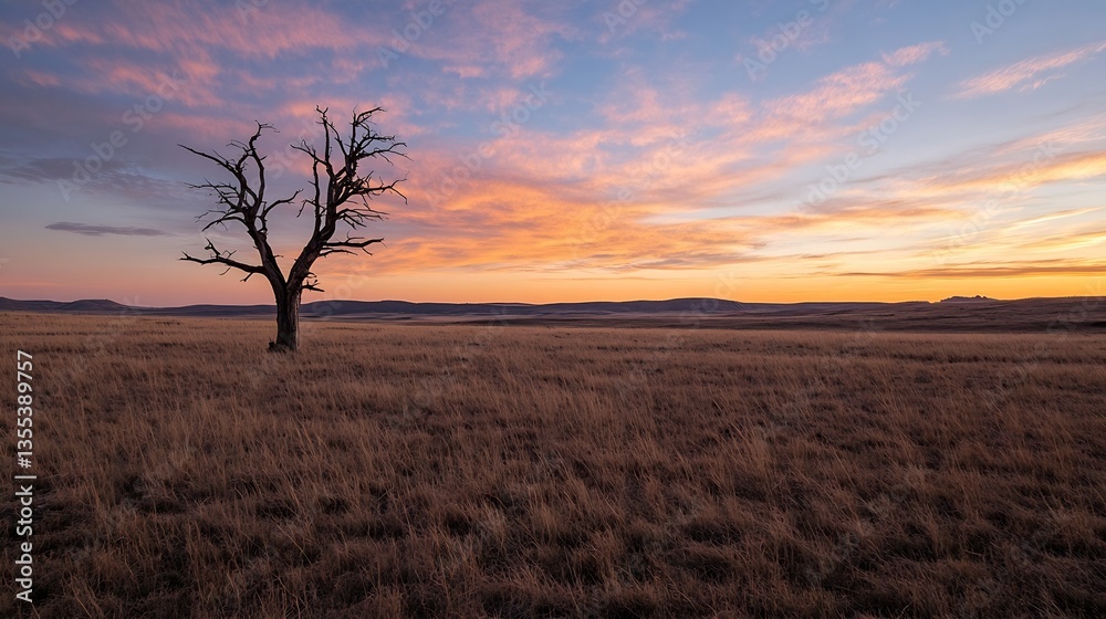 Poster barren tree standing alone against a colorful sunset on the horizon in a wide landscape : generative