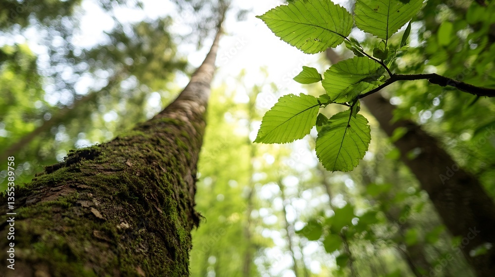 Aufkleber lush green tree with textured bark reaching towards bright skies in a vibrant forest setting : gener