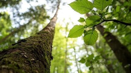 Fototapeta premium Lush Green Tree with Textured Bark Reaching Towards Bright Skies in a Vibrant Forest Setting : Generative AI