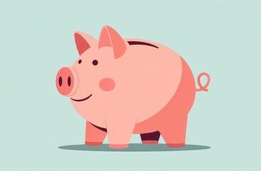Cute pink piggy bank smiling in light blue background  