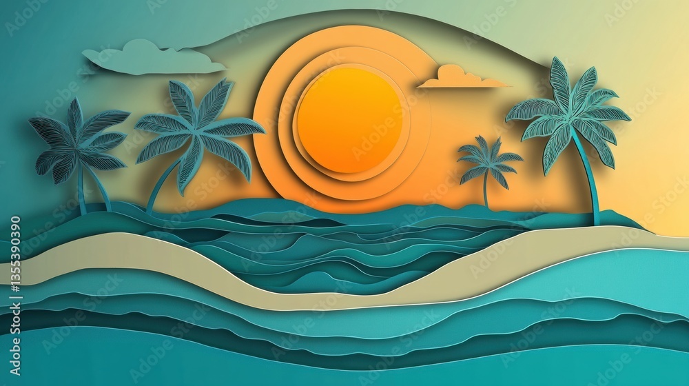 Poster dreamy tropical island with palm trees and golden sunset in layered paper cut design showcasing vibr
