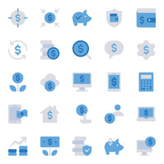 Blue color icons set for Money investment and savings.