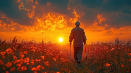 Fototapeta premium Man Walks Toward The Sunset Across A Poppy Field During Golden Hour