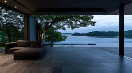 Modern coastal living room with expansive views.  Open-plan, contemporary design featuring a sectional sofa and floor-to-ceiling windows overlooking a tranquil infinity pool and water views