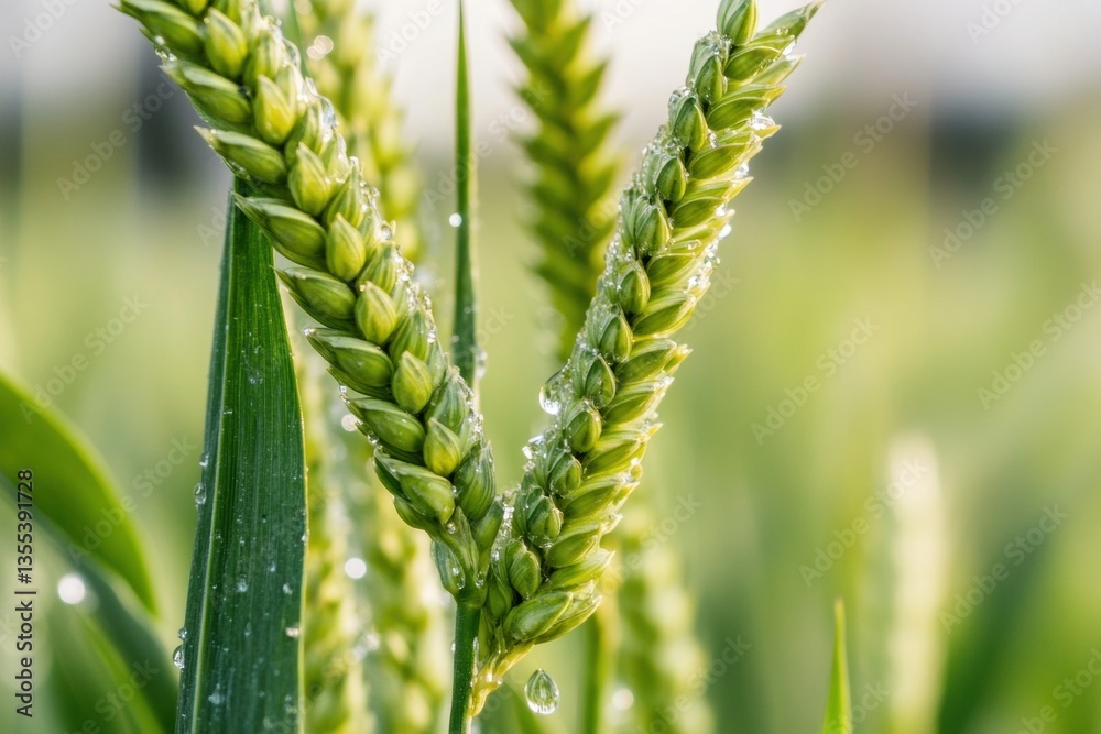 Poster close-up macro view of dewdrop on fresh green wheat leaf with natural lighting capturing high-detail