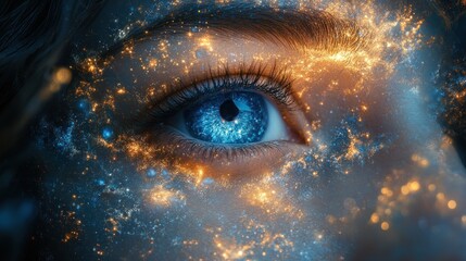 Blue eye with cosmic energy aura face portrait