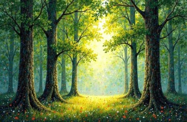 Lush forest with sunlight streaming through trees  