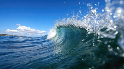 Obraz premium Powerful ocean wave crashing in turquoise water, with a brilliant blue sky