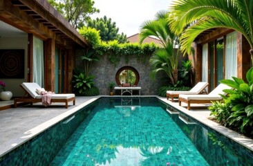 Fototapeta premium Luxury poolside retreat surrounded by lush greenery 