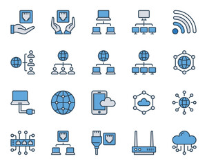 Filled blue outline icons set for Networking.