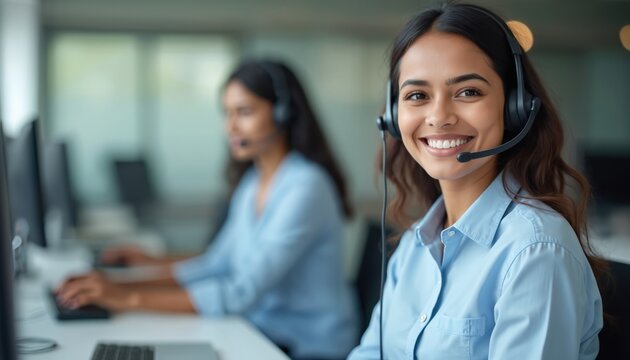 Smiling Indian customer service rep wearing headset in office, support services. Woman works at computer, providing client assistance, tech support. Call center operator, friendly communication. - Powered by Adobe