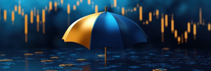 Dynamic stock market visualization blending growth charts and political symbols with blue and gold aesthetics in a modern corporate setting