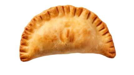 A golden brown empanada with a crimped edge on a black background in a close up shot viewisolated on transparent background	