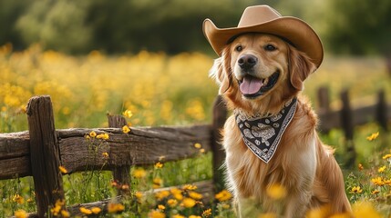 Golden Retriever Dog in Cowboy Hat and Bandana Near Wooden Fence, Western Ranch Scene