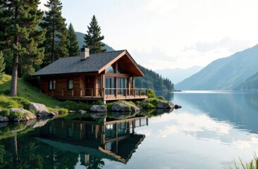 Fototapeta premium Serene wooden cabin reflecting on tranquil lake surrounded by mountains 