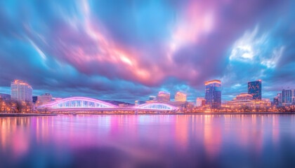 Naklejka premium Cityscape twilight, bridge reflection, colorful clouds, calm river