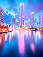 Naklejka premium Cityscape twilight reflection, waterfront buildings