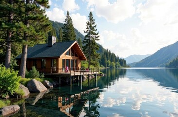 Fototapeta premium Serene lakefront cabin reflecting in calm waters 