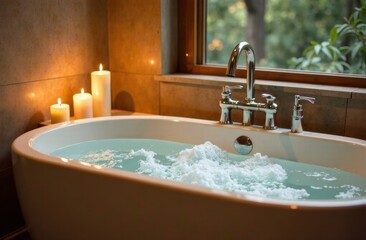 Relaxing bath with bubbles in a tranquil bathroom setting  