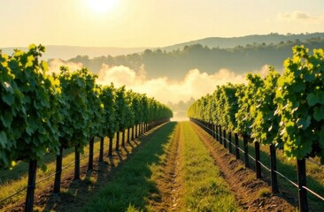 Naklejka premium Lush vineyard rows thriving under golden sunlight 