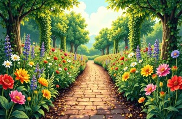 Colorful flower pathway in a lush garden under a bright sky  
