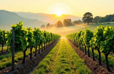 Fototapeta premium Serene vineyard landscape at sunrise with rolling hills 