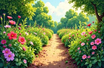 Naklejka premium Colorful flower path in a vibrant nature setting 
