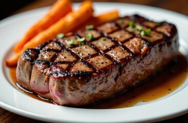 Grilled steak with carrots on a white plate  