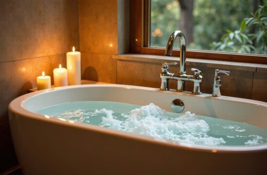 Relaxing bath with bubbles in a tranquil bathroom setting - Powered by Adobe