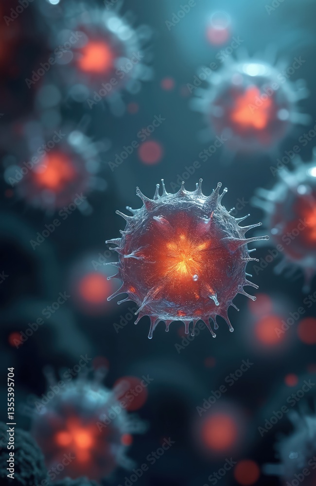 Poster microscopic illustration shows cells elements floating in transparent medium. detailed cell structur