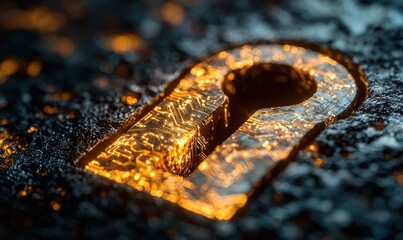 Glowing keyhole etched in dark, textured surface