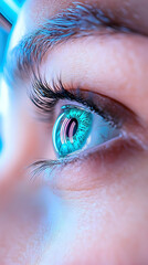 Close-up green eye exam, bright light, healthcare