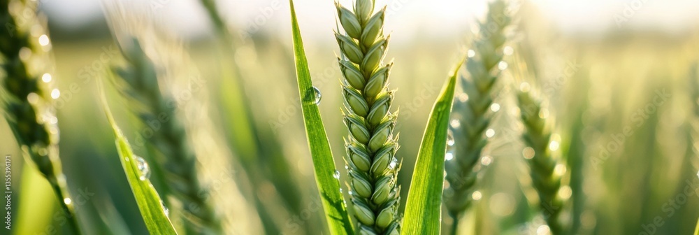Poster close-up of a dewdrop on a fresh green wheat leaf in natural light showcasing high-detail reflection