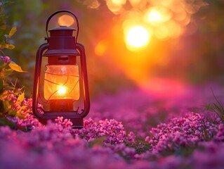 Glowing lantern amidst sunset's warm hues, nestled in a vibrant purple flower field