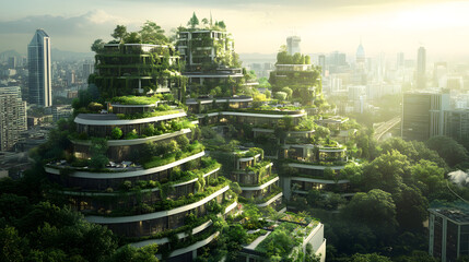 Obraz premium A sustainable urban city with green rooftops, vertical gardens, and electric vehicles integrated into every corner, reducing pollution and creating a livable environment.