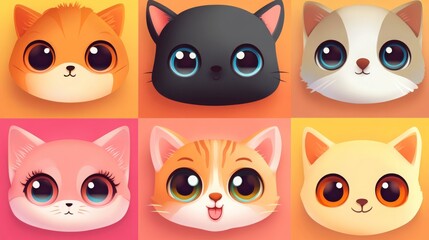 Fototapeta premium Kawaii pet face emojis, adorable cats and dogs with big eyes.