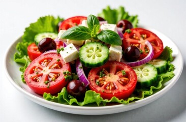 Fresh salad with tomatoes, cucumbers, olives, and feta cheese  