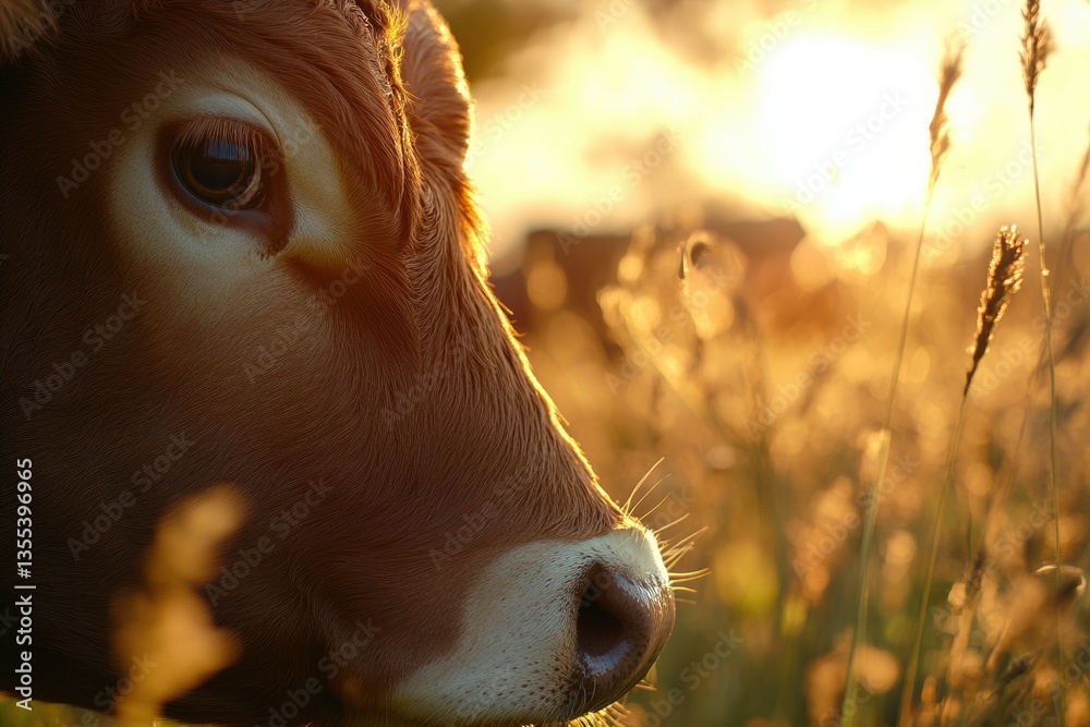 Poster close-up of a cow face illuminated by warm sunlight in a serene rural farm setting with soft texture