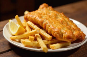 Crispy fish and chips served with lemon on a rustic table  