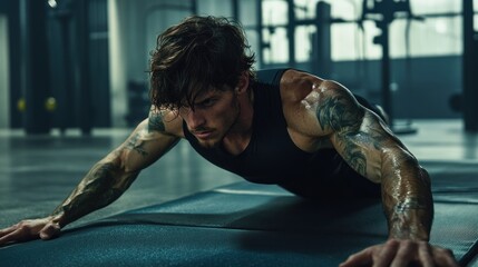 Fototapeta premium Intense Workout Muscular Man Performing PushUps in a Modern Gym Environment