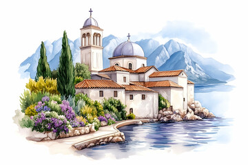 Obraz premium Coastal Church Watercolor Scene