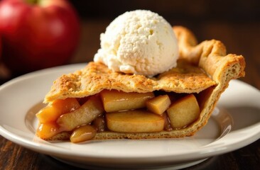 Delicious apple pie slice with ice cream on a plate  