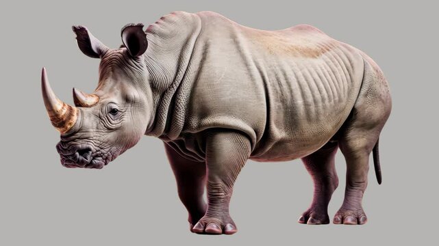 Majestic rhino portrait, powerful presence animation isolated asset, transparent 4K video, alpha channel, ProRes 4444