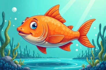 Naklejka premium Cartoon goldfish swimming in a bright underwater scene 