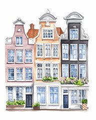 Naklejka premium Colorful Canal Houses, Amsterdam, Netherlands; Watercolor Illustration for Travel Brochures