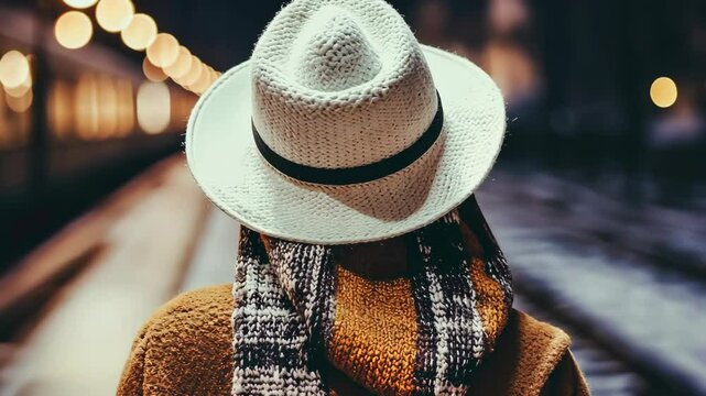Individual wearing a white hat and scarf waits at a dimly lit train station at night