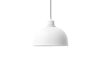 A minimalist white pendant light fixture hanging from a black cord against black backgroundisolated on transparent background	