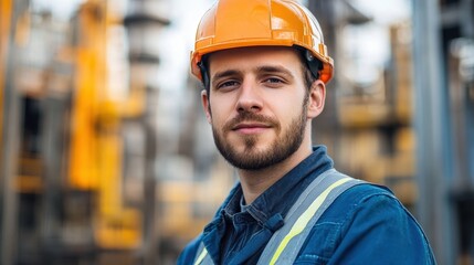 Fototapeta premium Worker with orange helmet, blue jacket, safety vest, looking at camera. For construction, industry, oil, gas, manufacturing, or engineering visuals.