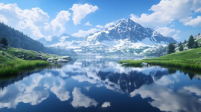 A serene mountain landscape with a reflective lake and lush greenery under a blue sky.
