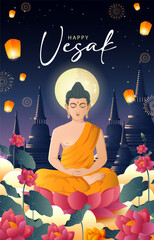 Happy Vesak Celebration with lord budha and temple background